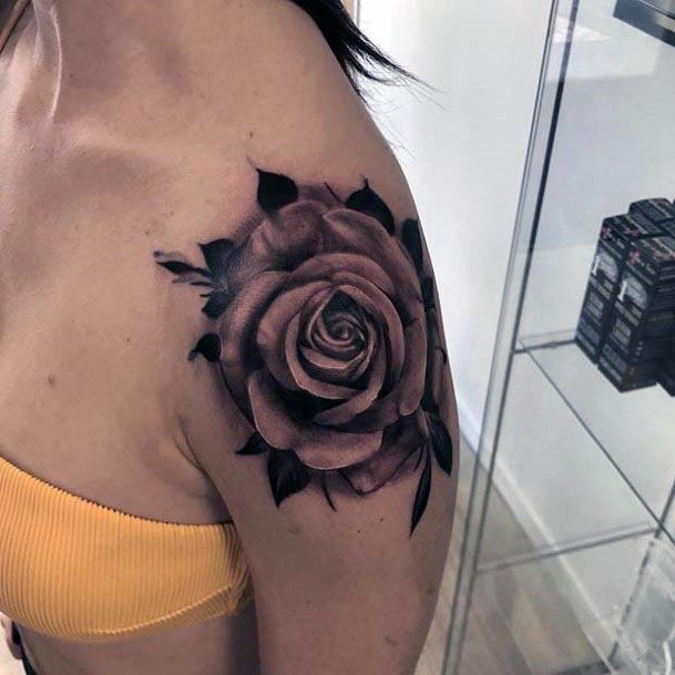 Lovely Black Rose Women Shoulder Tattoo