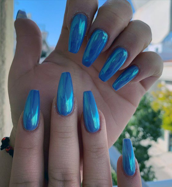 Lovely Blue Long Coffin Mirror Nail Ideas For Women