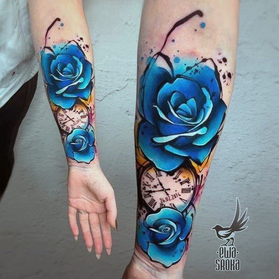 Lovely Blue Roses And Clock Tattoo Women