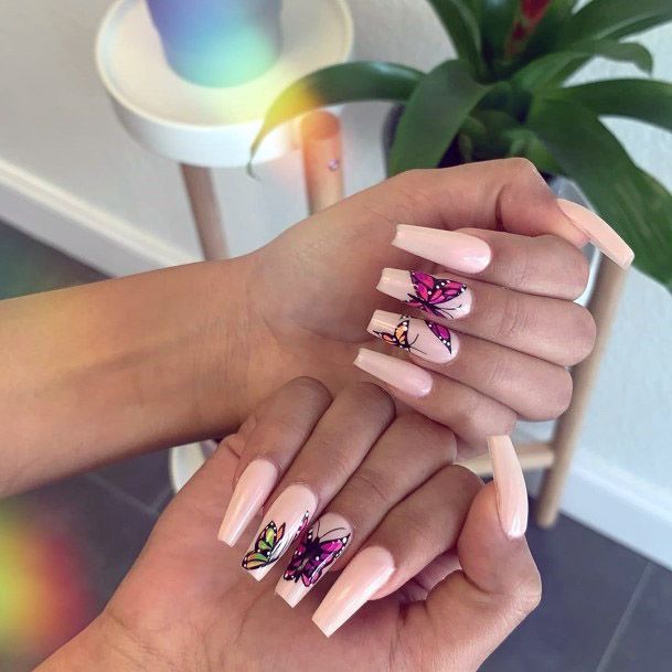 Lovely Butterflies On Coral Nails Women