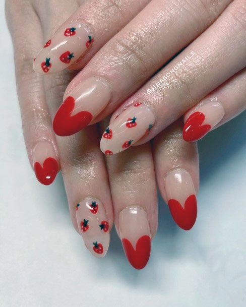 Lovely Clear Red Heart Strawberry Cute Nail Design For Women