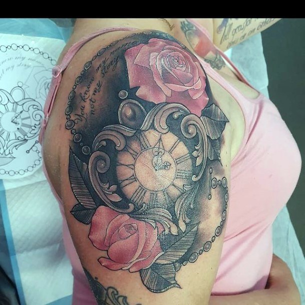 Lovely Clock And Roses Tattoo Womens Arms