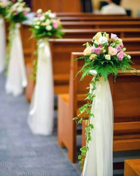 Lovely Colorful Flower Bouquet Greenery White Curtain Pew Decoration Wedding Ideas