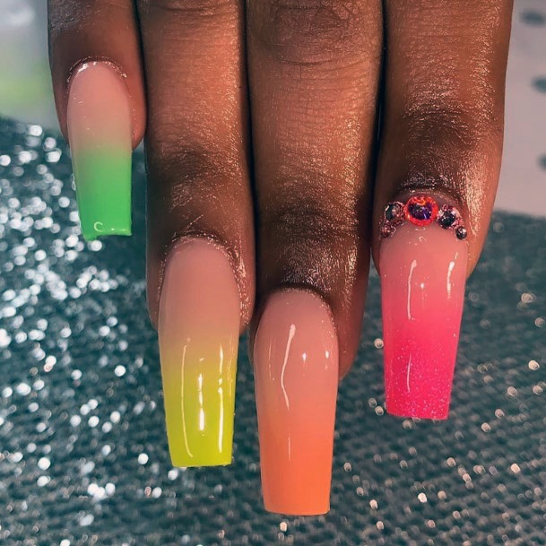 Lovely Colorful Squared Nails For Women Vibrant Green Yellow Orange Hot Pink Jewel Ombre Inspiration