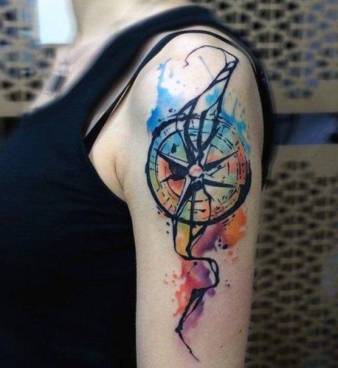 Lovely Compass And Colors Tattoo Womens Arms