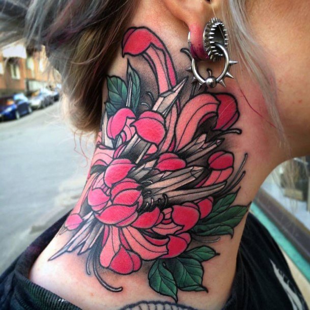 Lovely Coral Pink Florals Tattoo On Neck Women