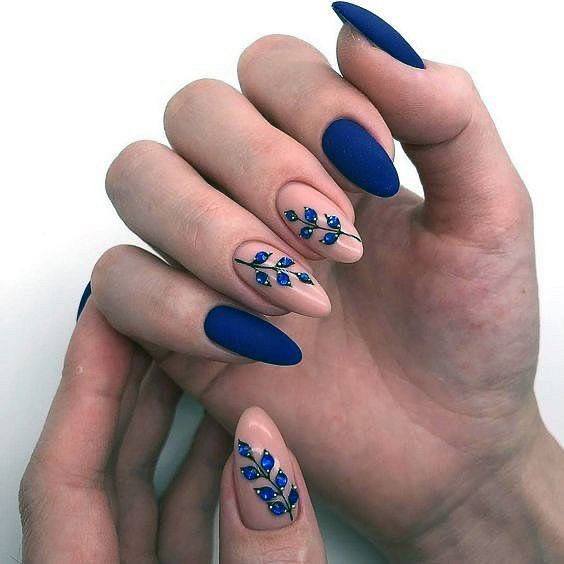 Lovely Dark Blue Leaf Design On Nails Women