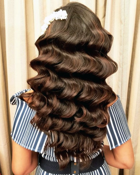 Lovely Dark Brown Hairstyle Red Undertones On Woman With Old Hollywood Waves