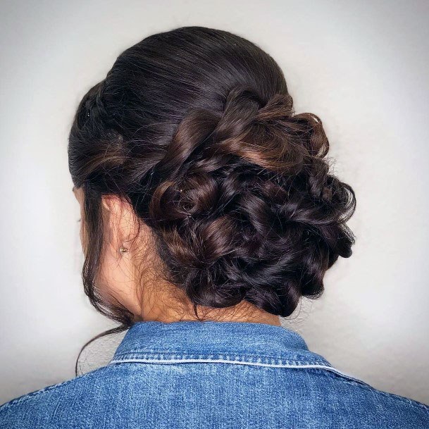 Lovely Dark Brown Highlighted Shiny Updo Womens Hairstyle Idea