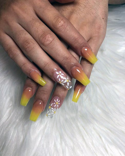 Lovely Flowers On Yellow Ombre Nails Women