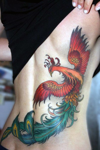 Lovely Green Orange Phoenix Tattoo Womens Torso