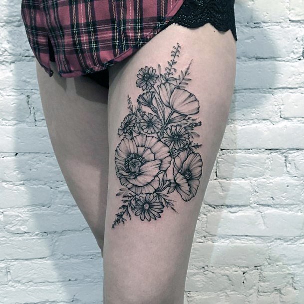 Lovely Grey Flowers Tattoo Womens Legs
