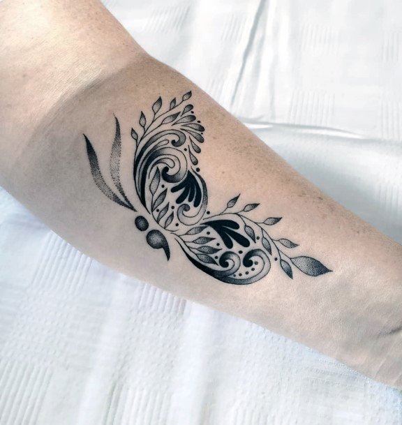 Lovely Leafy Semi Colon Tattoo Womens Arms