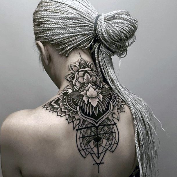 Lovely Lotus Bloom Art Neck Tattoo For Women