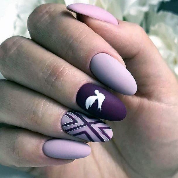 Lovely Matte Pink Purple Nail Inspiration White Bird Art Nail Design For Women