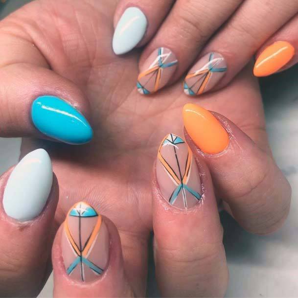 Lovely Orange Blue Nails Almond For Women