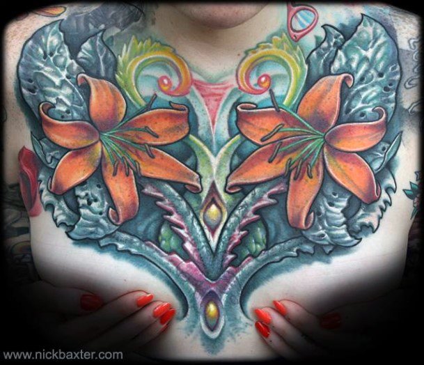 Lovely Orange Petalled Open Flower Tattoo Womens Chest