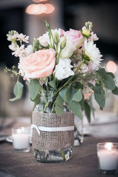 Lovely Pastel Roses In Mason Jar Wedding Decorations