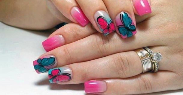 Lovely Pink And Blue Nails With Butterfly Women
