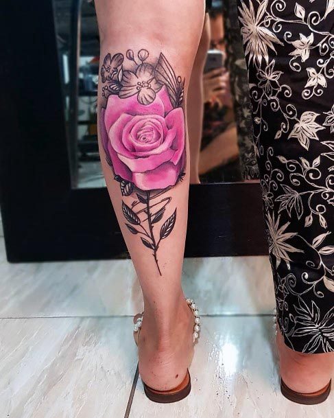 Lovely Pink Rose Tattoo Womens Calves