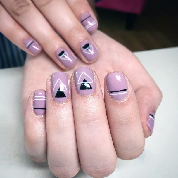 Lovely Purple Feminine Black White Stripes Triangle Nail Design Ideas For Women