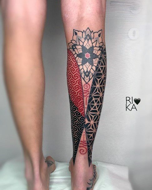 Lovely Red Blue Geometric Art Tattoo Womens Lower Legs