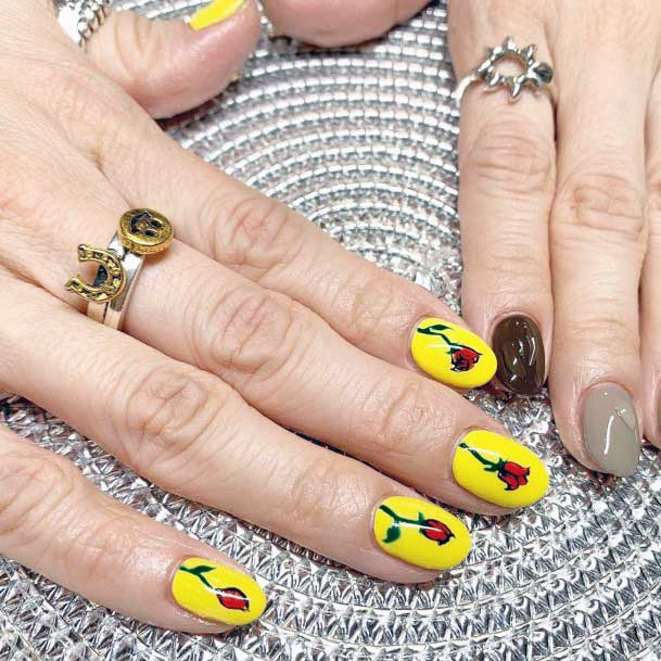 Lovely Red Flower On Yellow Nails Women