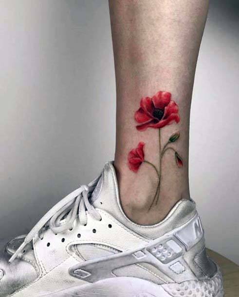 Lovely Red Flower Tattoo Womens Ankle