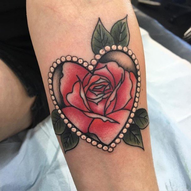 Lovely Red Rose In Heart Tattoo Womens Forearms