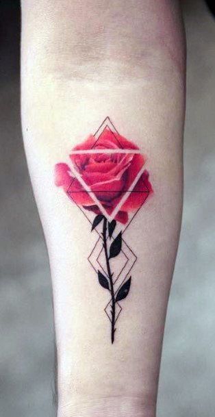 Lovely Red Rose With Stem Geometric Tattoo Women