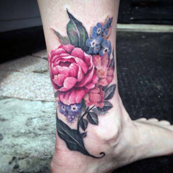 Lovely Red Roses Ankle Tattoo