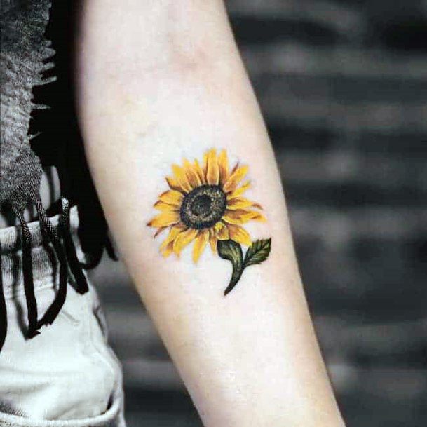 Lovely Sunflower With Leaves Tattoo Womens Forearms