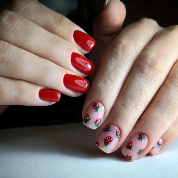 Lovely Sweet Red Pink Short Strawberry Nail Inspiration For Women