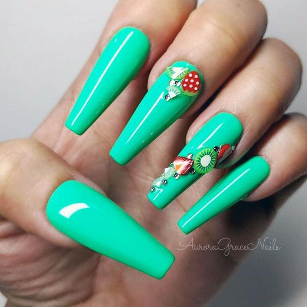 Lovely Terquoise Long Ballerina Strawberry Kiwi Nail Design For Girls