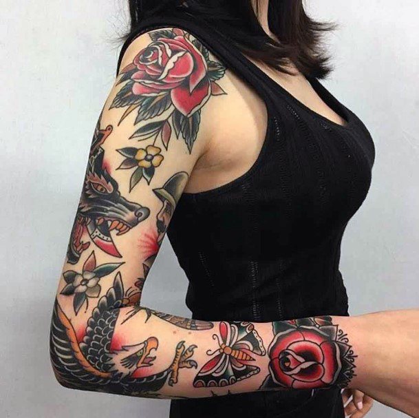 Lovely Traditional Tattoo For Women Sleeves