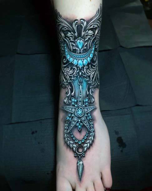 Lovely Turquoise Bejwelled Tattoo Womens Foot