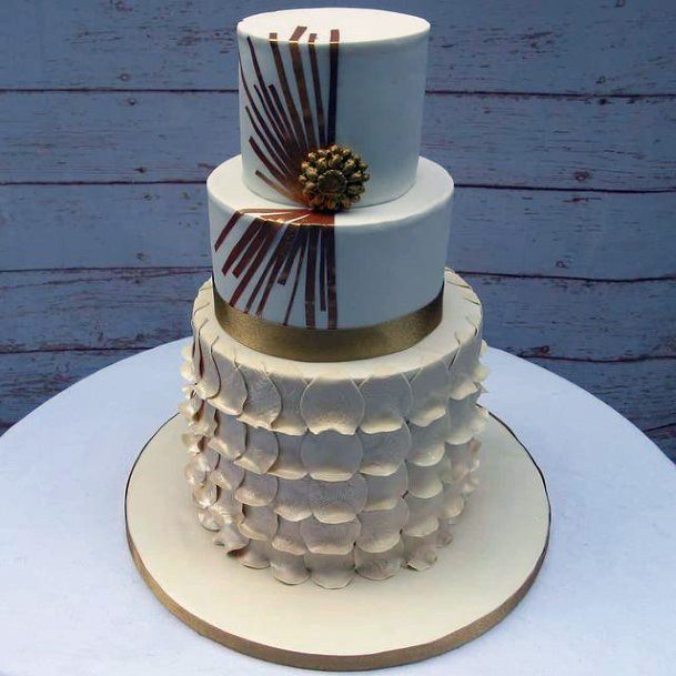 Lovely White And Golden 3 Tier Wedding Cake Women