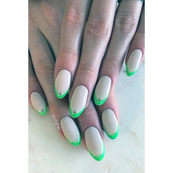 Lovely White And Neon Green Tipped Nail Art With Crystal