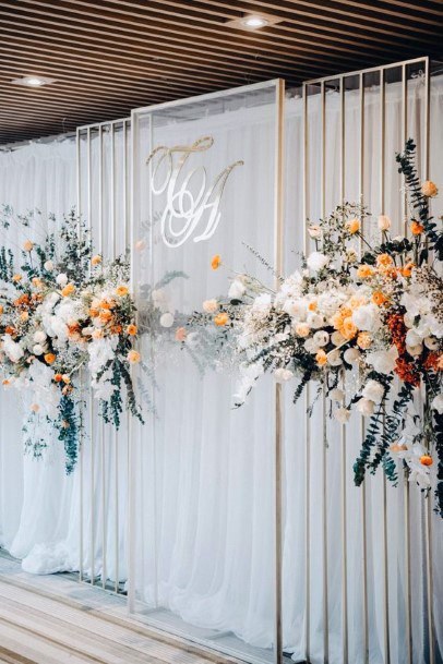 Lovely White Indoor Backdrop Large Colorful Floral Bouquet Wedding Ideas