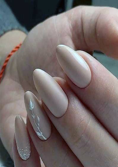 Lovely White Leaf Motif On Nude Nails Female