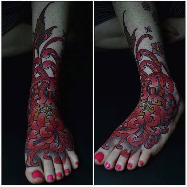 Lovely Wine Red Colored Tattoo Womens Foot