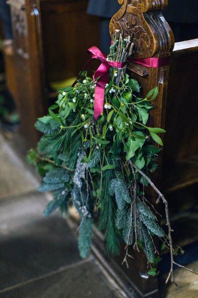 Lovely Winter Greenery Eucalyptus Red Ribbon Pew Decoration Inspiration For Weddings