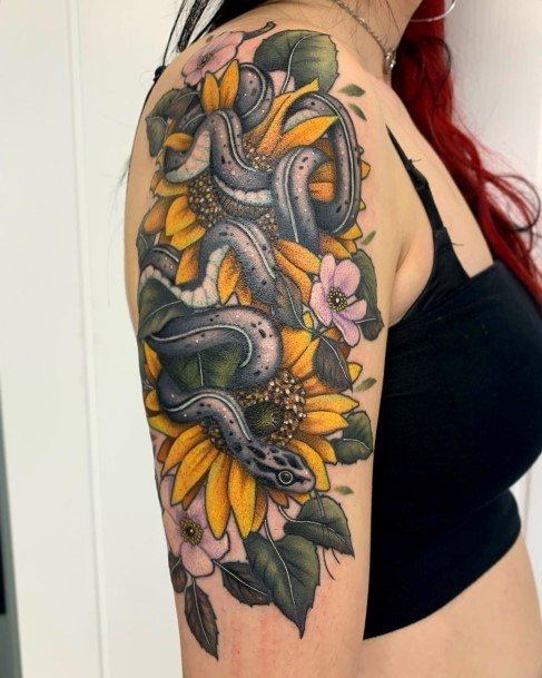 Lovely Yellow And Black Sunflower Tattoo Womens Arms