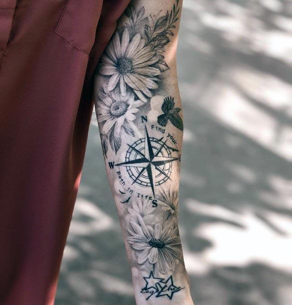 Lovely Yellow Flowers And Compass Tattoo Womens Forearms