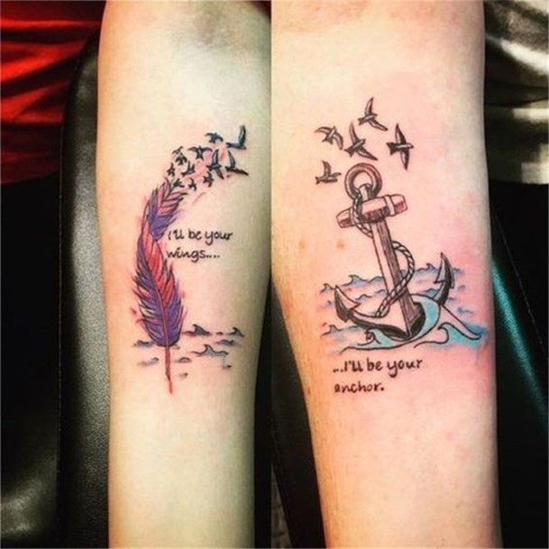 Lovey Dovey Anchor And Feather Couple Tattoo With Quotes Forearms