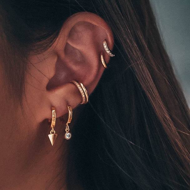 Lustrous Shiny Gold Dangling Hoop Double Cool Ear Piercing Designs For Women