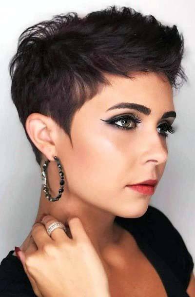 Luxurious Rich Brunette Spiky And Shaved Pixie Womens Hairstyle