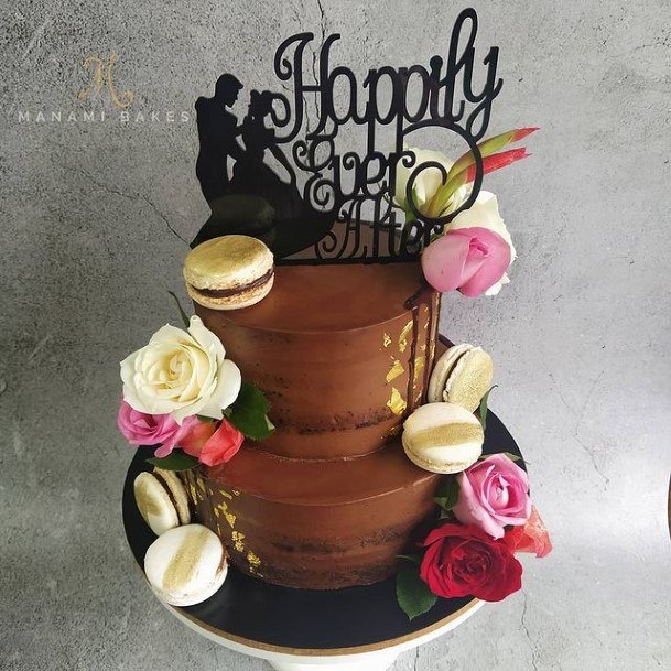 Macarons And Roses Chocolate Wedding Cake