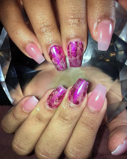 Magenta Foils On Clear Pink Nails Women