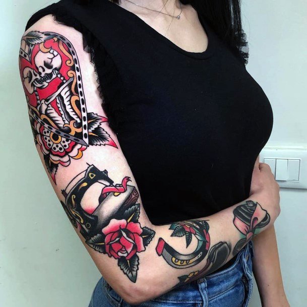 Magenta Themed Traditional Tattoo For Women Sleeves